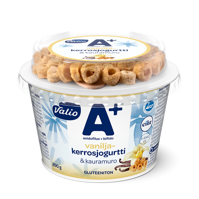 Valio A+™ vaniljakerrosjogurtti ja kauramuro 200 g laktoositon gluteeniton