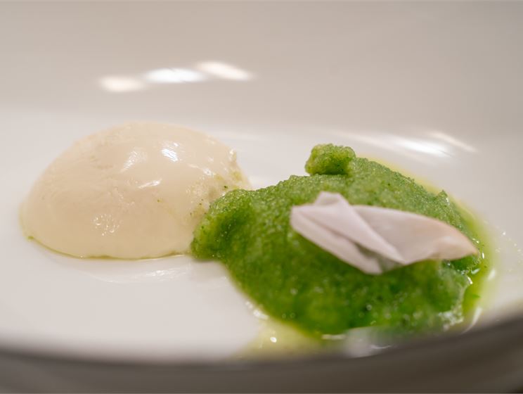 Sofian mesiangervonkukalla maustettua namelakaa ja herukanlehti-granny smith sorbettia