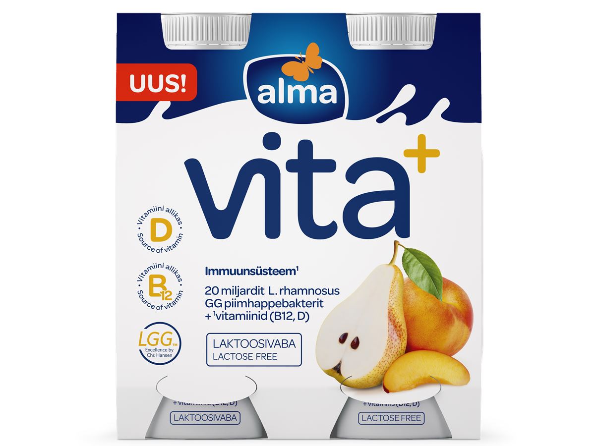 Lactose free yoghurt drink fruit with L. rhamnosus GG cultures, vitamins B12 and D. Valio