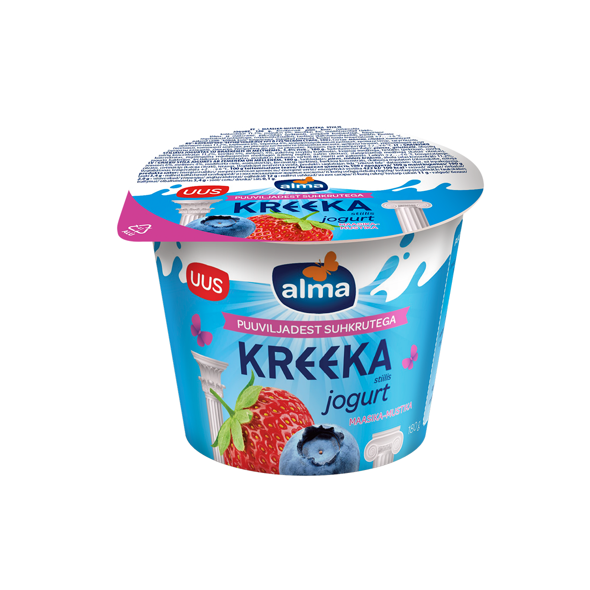 Alma Kreeka Stiilis Jogurt Maasika mustika Puuviljadest Suhkrutega 180g 